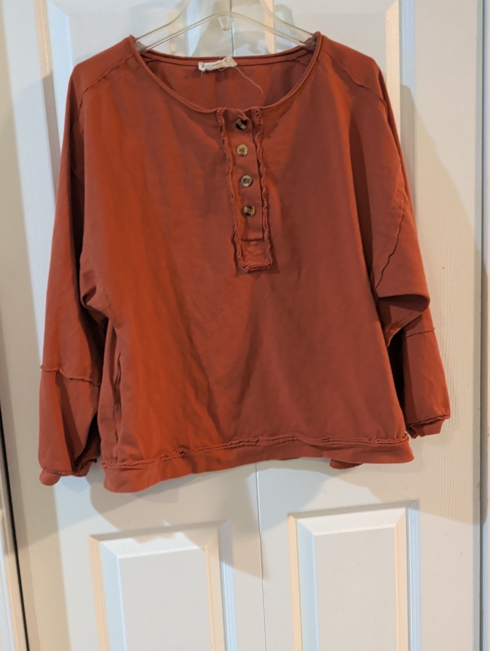 Rust Button-Front Women's Pullover Top - Casual Long Sleeve